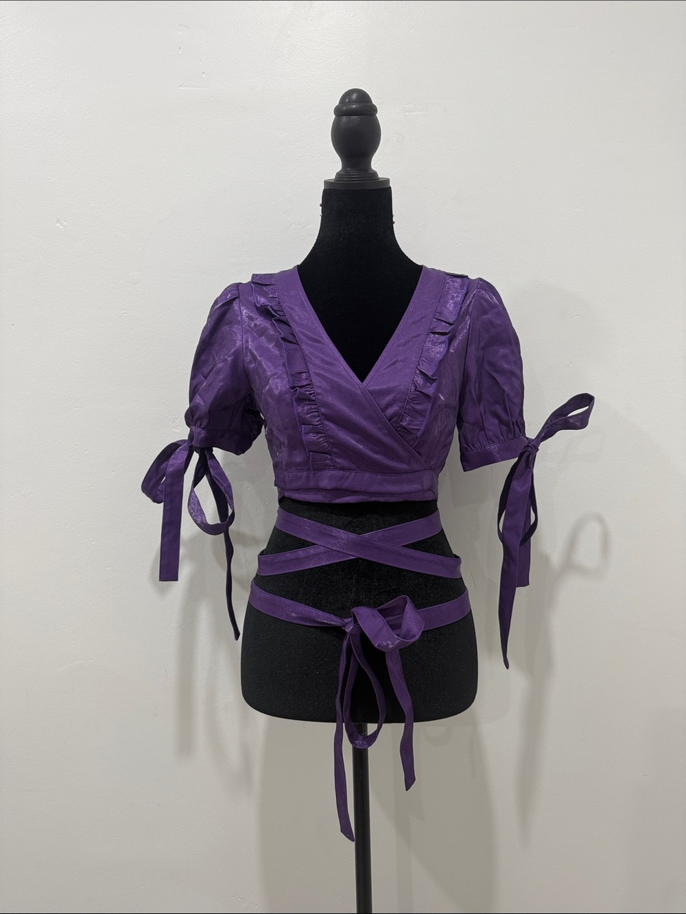 Annorlunda Purple Wrap Tie-Front Ruffle Blouse